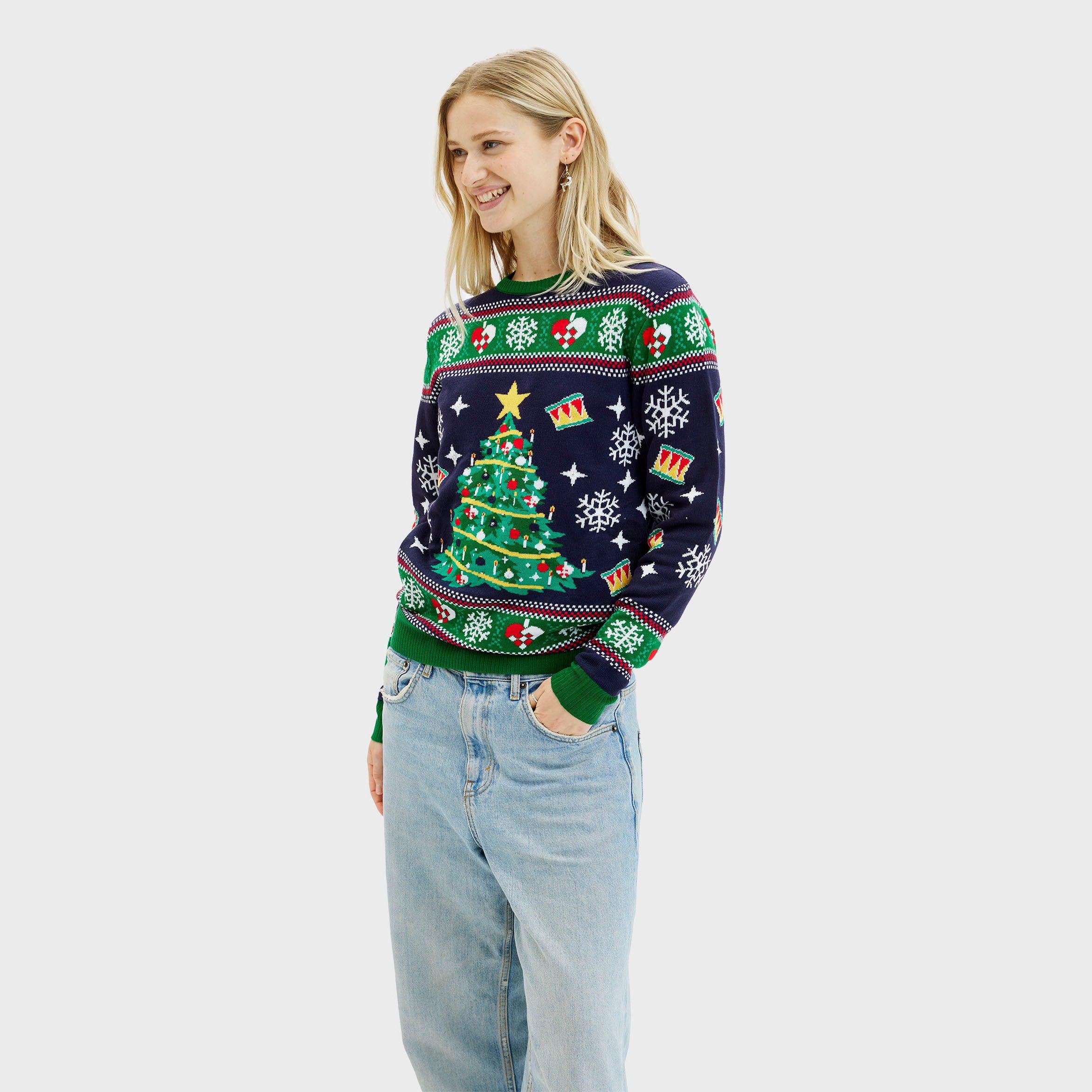 Weihnachtspulli Mit Weihnachtsbaum LED Navy - Damen